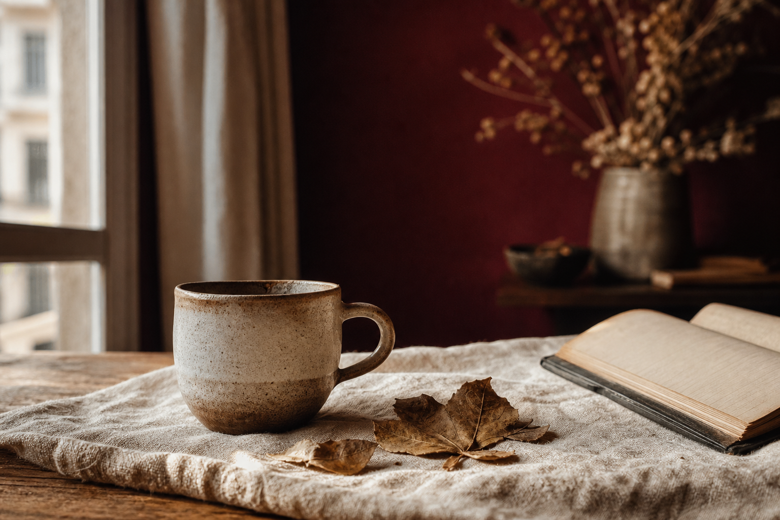 Mesa de leitura com livros e luz dourada de abajur