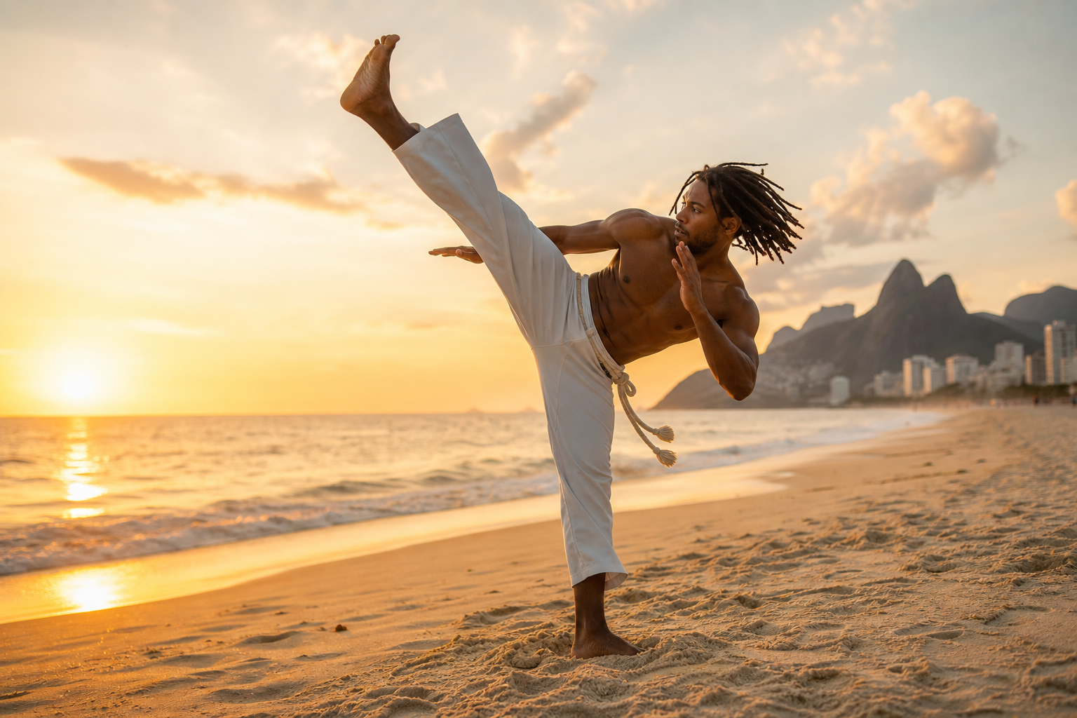 Movimento dinâmico de capoeira na praia da Barra ao entardecer
